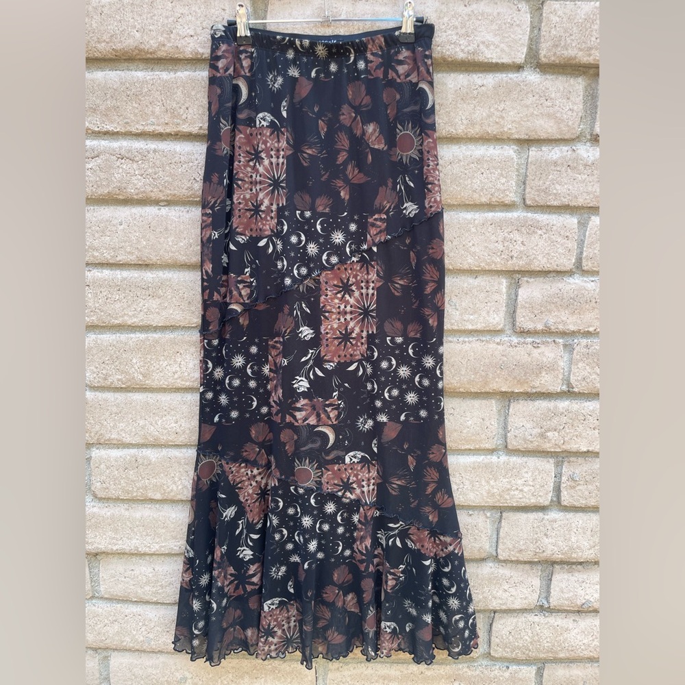 Witchy Whimsygoth Moon Mermaid Black Brown Patchwork Mesh Maxi Skirt Size Small